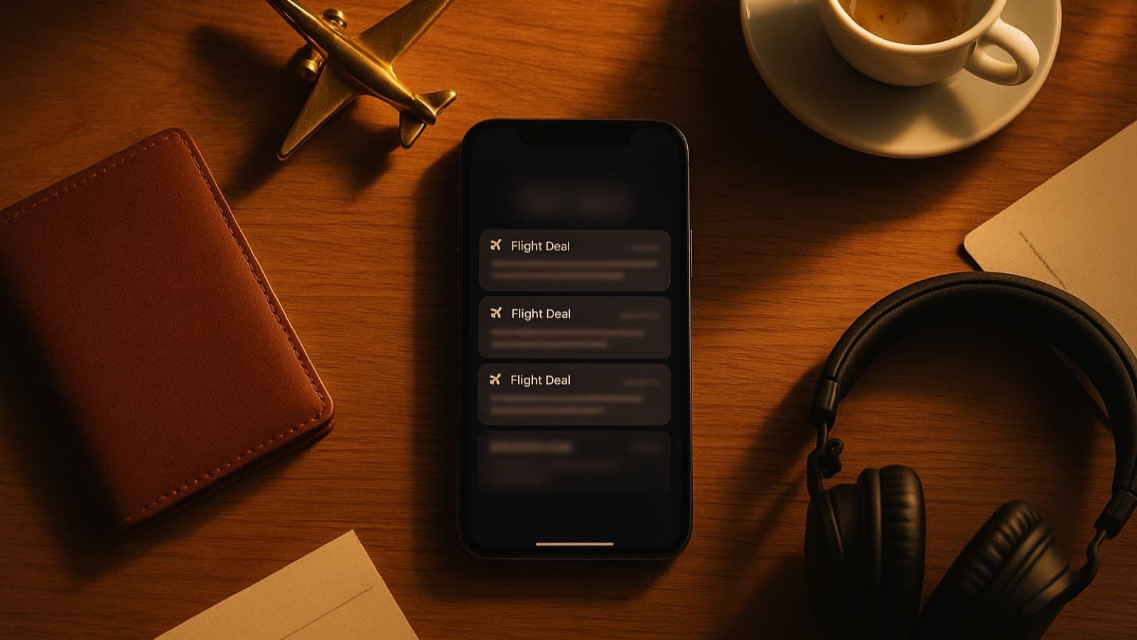 Flat-lay of phone with flight deal alert, passport, and notebook