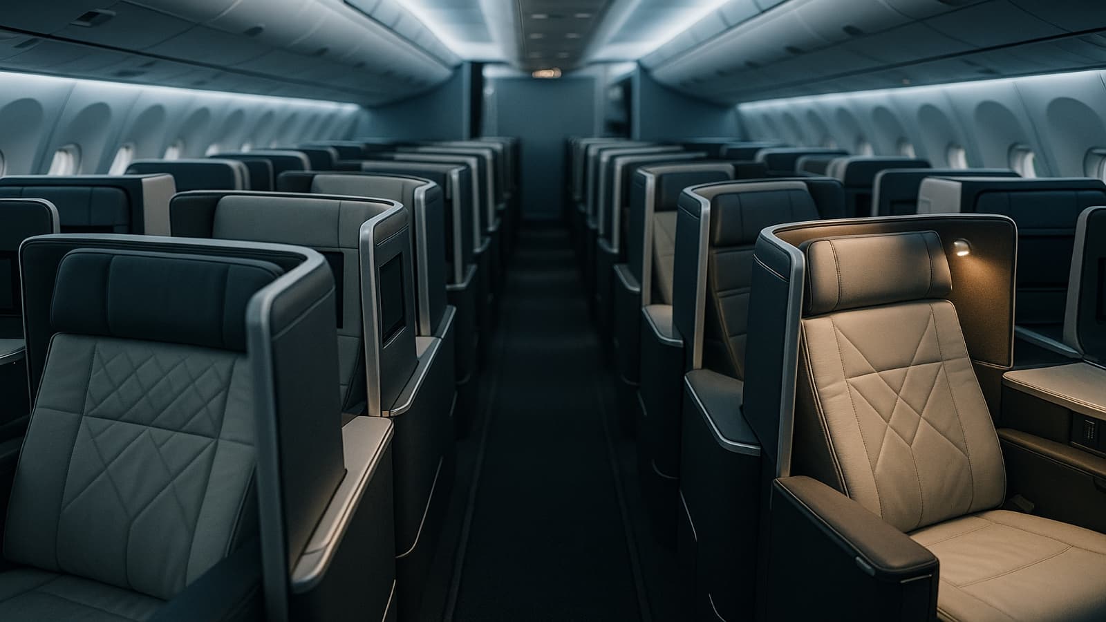 Empty business class cabin with herringbone lie-flat suites