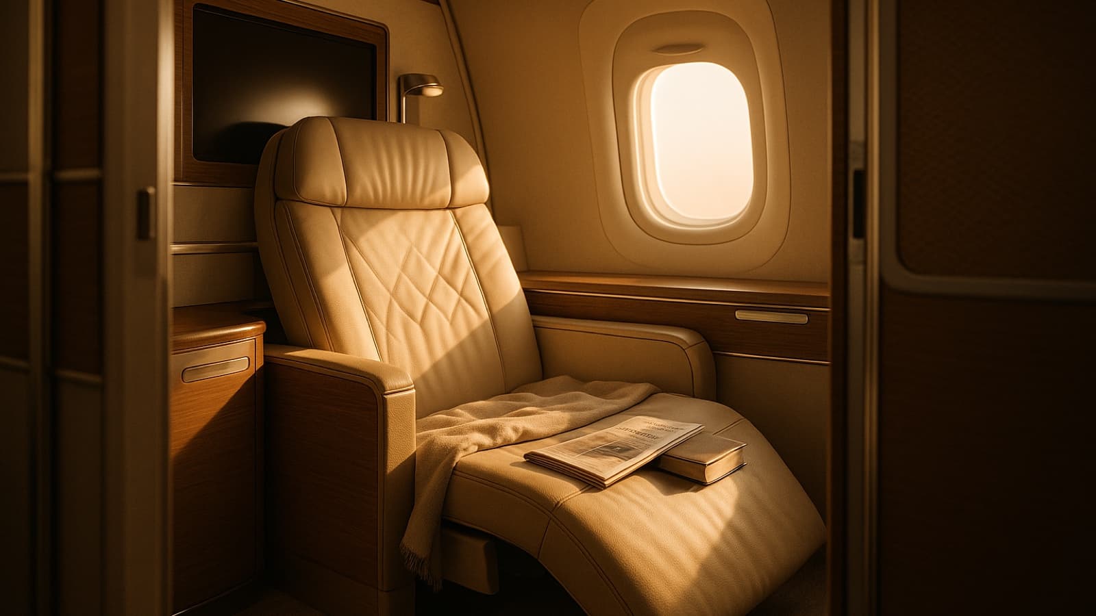 First class cabin suite with warm golden-hour window light