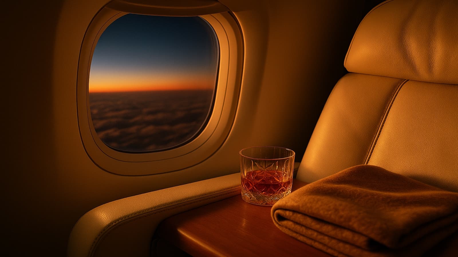 Golden-hour view from a premium cabin airplane window above the clouds